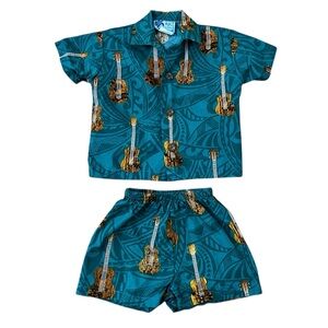 6m Baby Hawaiian T-Shirt Shorts Set Ukelele Guitar Print Turquoise Instruments
